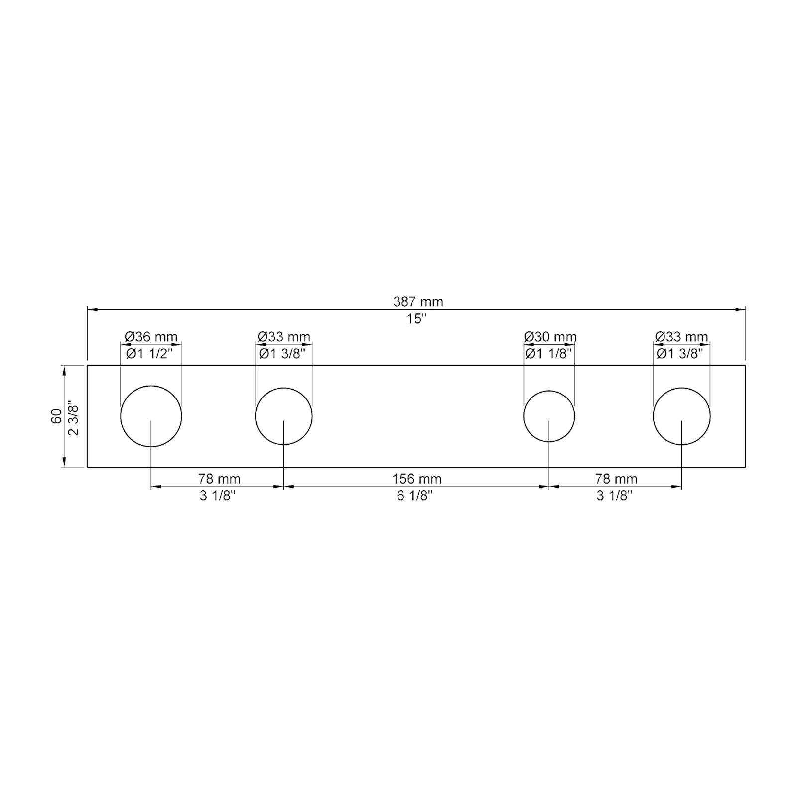 VOLA Afdekplaat 4-gats 387 x 60 gaten Ø36 mm, Ø33 mm, Ø30 mm en Ø33 mm 3004L