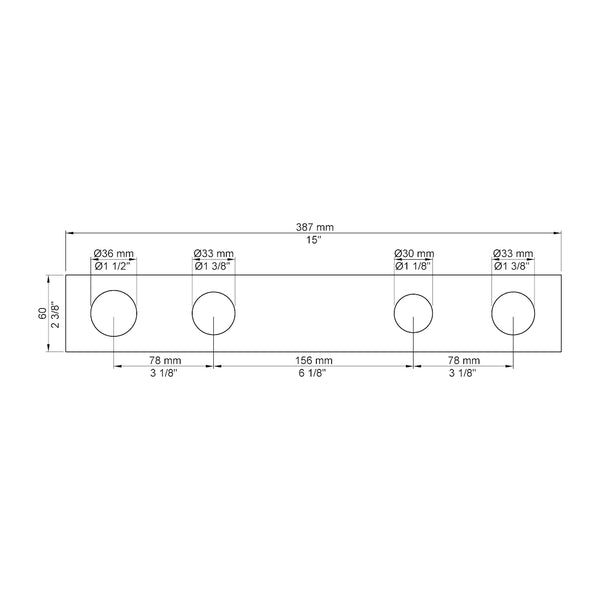 VOLA Afdekplaat 4-gats 387 x 60 gaten Ø36 mm, Ø33 mm, Ø30 mm en Ø33 mm 3004L