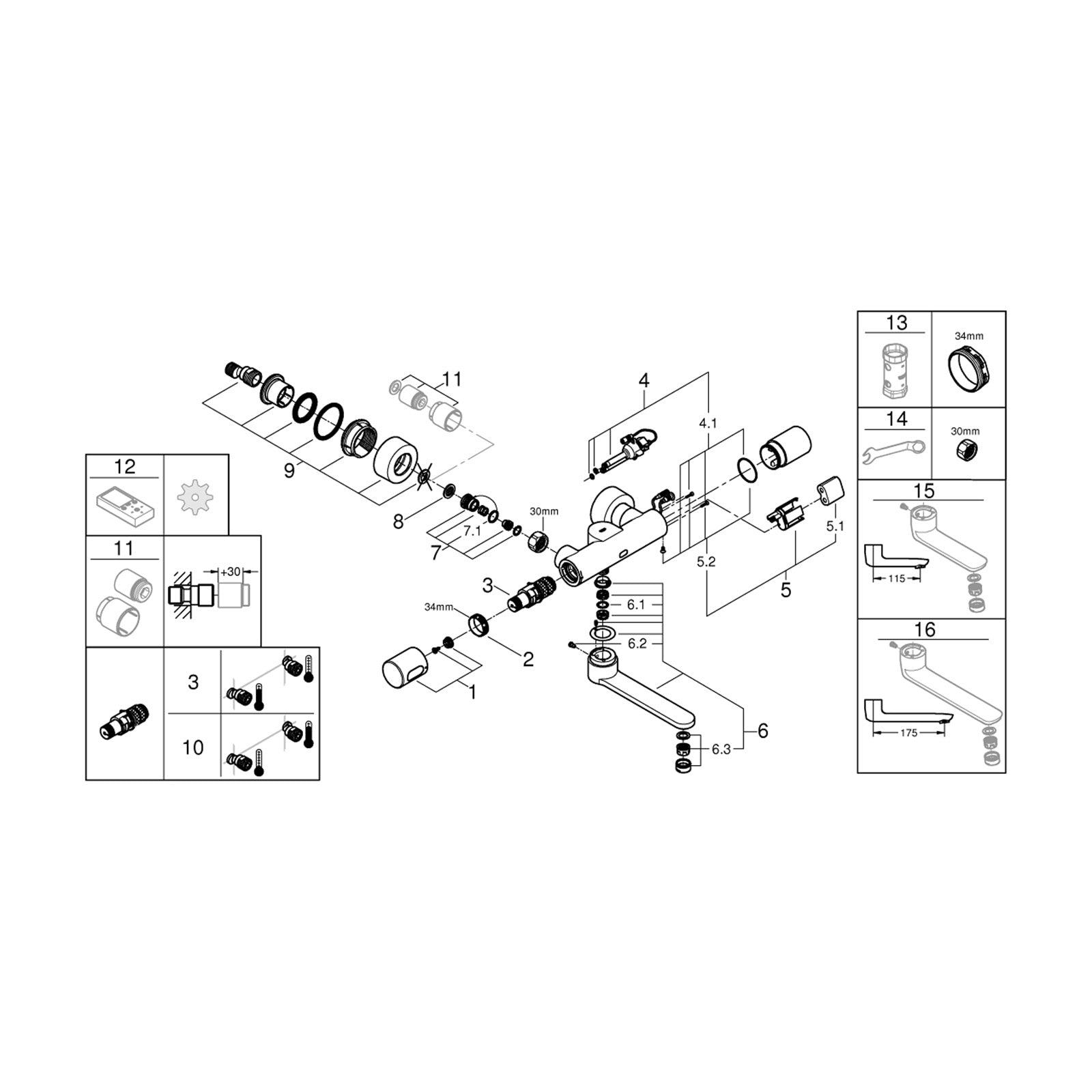 Grohe onderdelen Eurosmart Cosmopolitan E Therm. Wandmengkraan 250 Mm 36333000