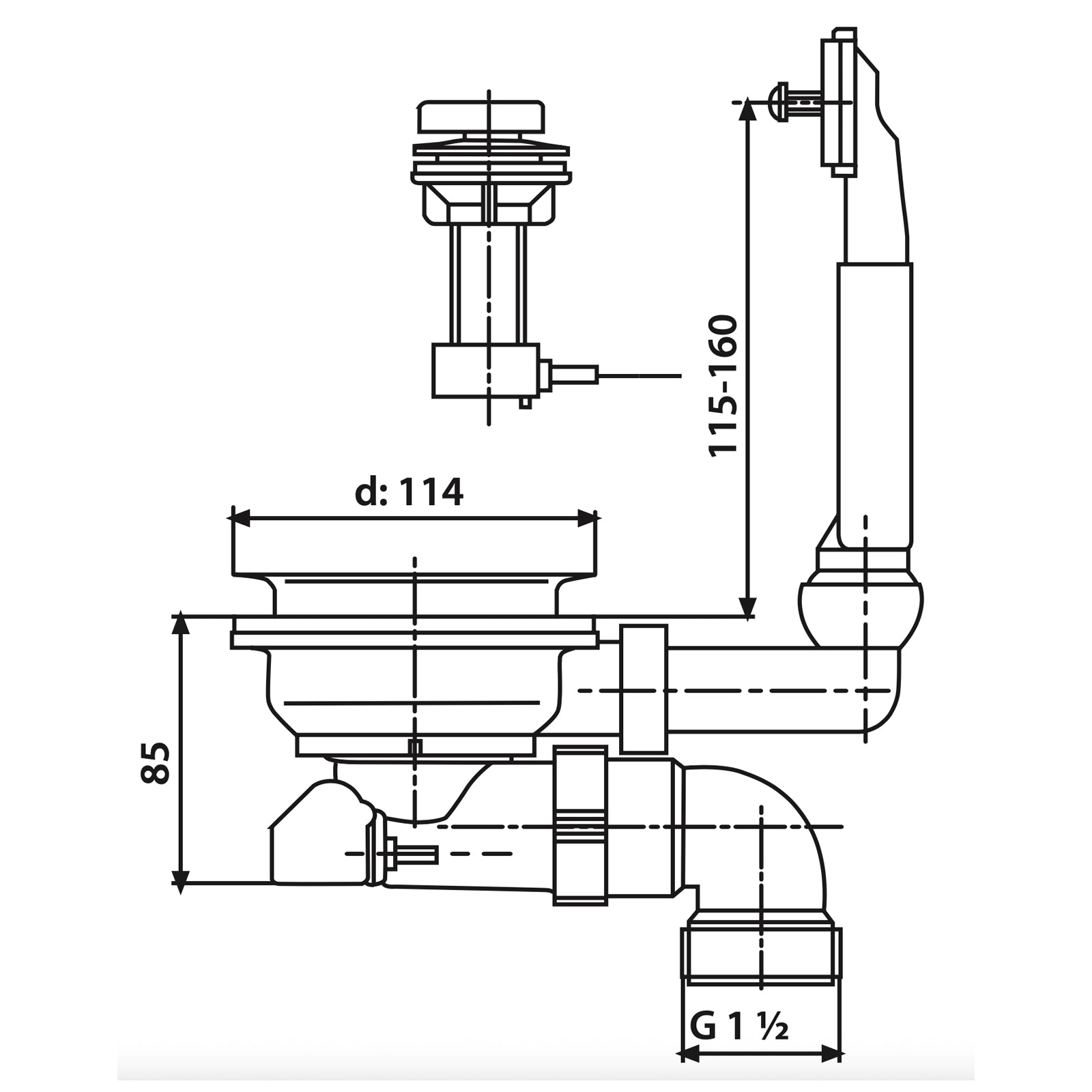Sanit 5/4 Gootsteen Afvoer Plug 114mm korfplug waste met afstandsbediening
