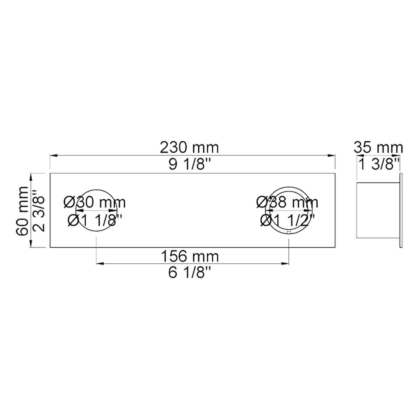 VOLA Afdekplaat 2-gats 231 x 60 gaten Ø30 mm en Ø38 mm voor 4800 Horizontaal 4002L