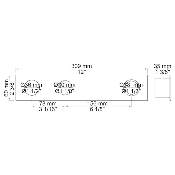 VOLA Afdekplaat 3-gats 309 x 60 gaten Ø36 mm, Ø30 mm en Ø38 mm voor 4900 Horizontaal 4003