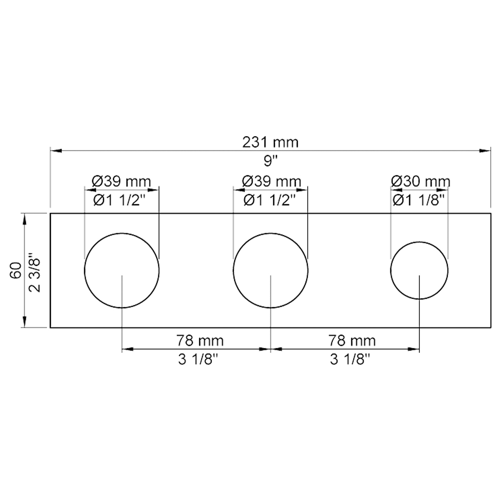 VOLA Afdekplaat 3-gats 309/231 x 60 gaten Ø39 mm en Ø39/Ø30  mm 5003 / 5003B / 5003K