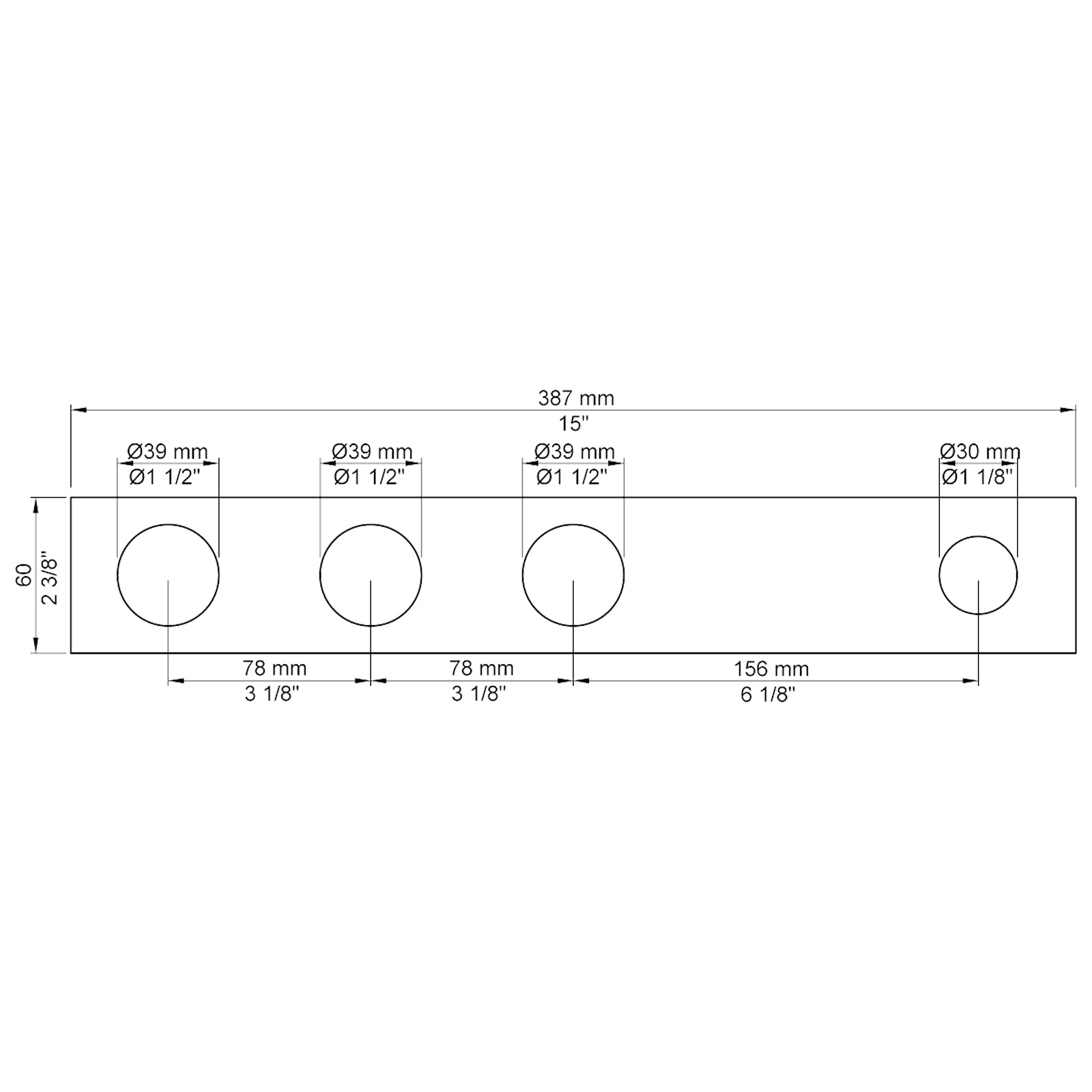 VOLA Afdekplaat 4-gats 309/387 x 60 gaten Ø39 mm en Ø39/Ø30  mm 5004 / 5004B / 5004L