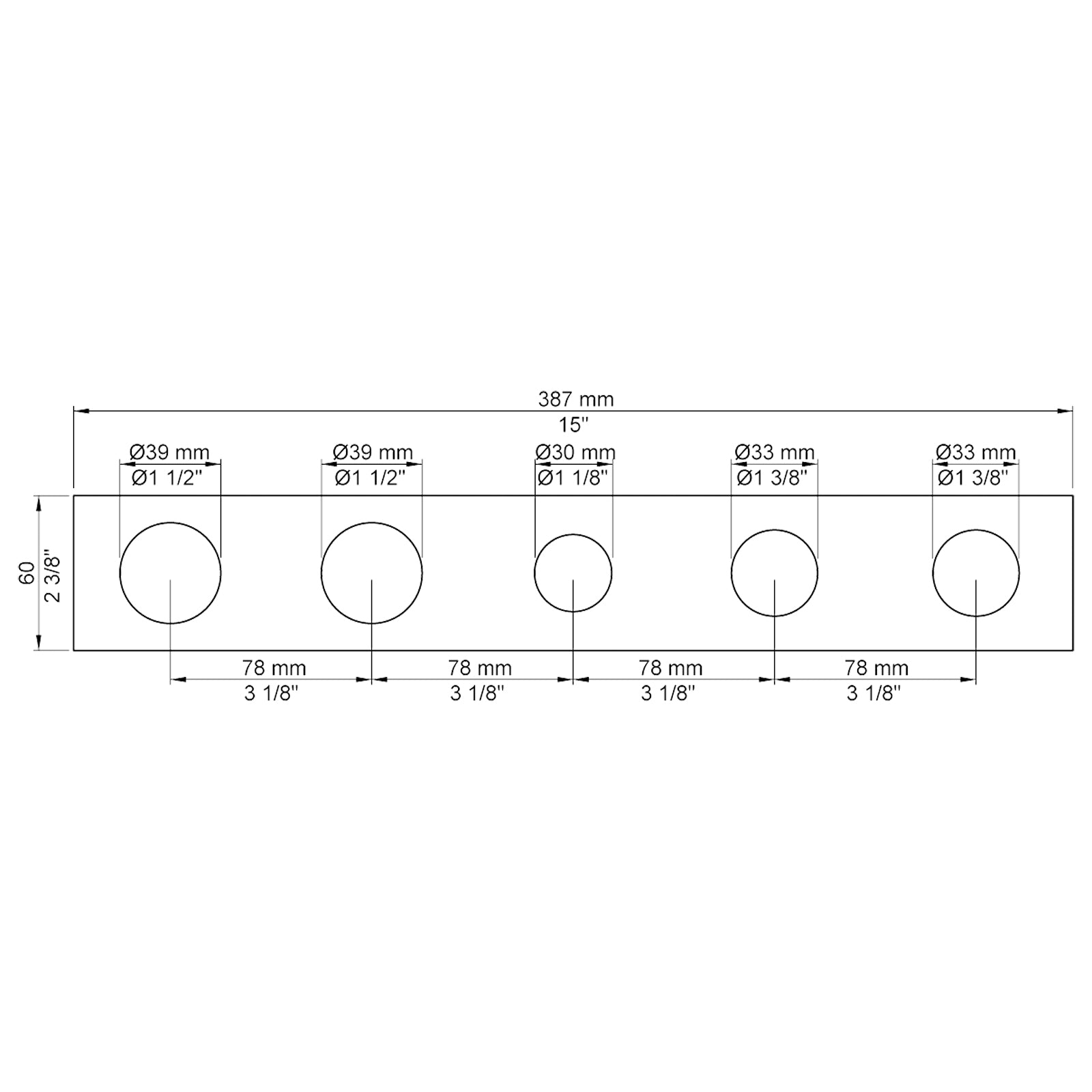 VOLA Afdekplaat 5-gats 387/465 x 60 gaten Ø39 mm en Ø39/Ø33/Ø30  mm 5005 / 5005B / 5005L
