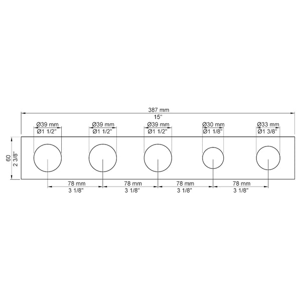 VOLA Afdekplaat 5-gats 387/465 x 60 gaten Ø39 mm en Ø39/Ø33/Ø30  mm 5005 / 5005B / 5005L