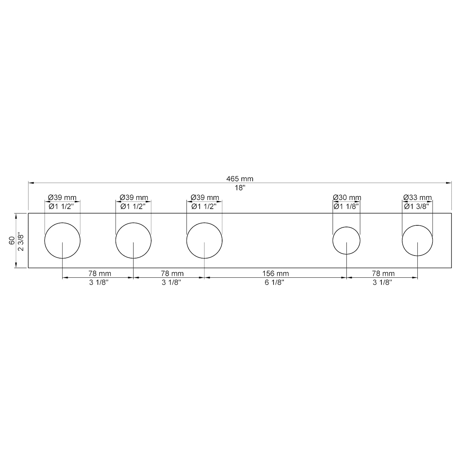VOLA Afdekplaat 5-gats 387/465 x 60 gaten Ø39 mm en Ø39/Ø33/Ø30  mm 5005 / 5005B / 5005L
