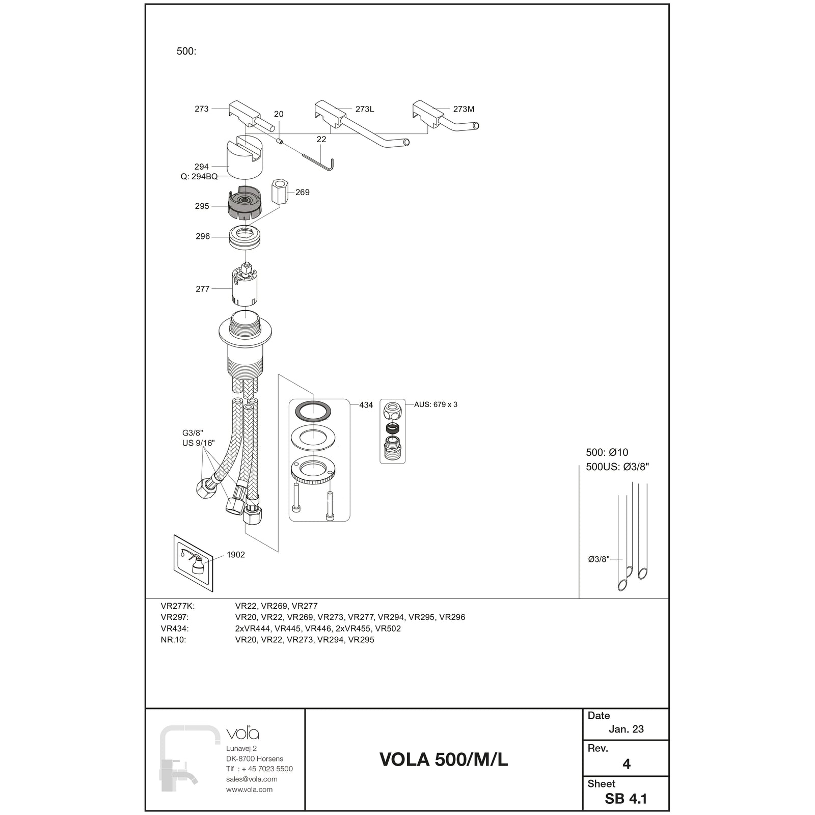 VOLA double swivel spout for table mounting H-210 S-200mm Ø19 mm 090