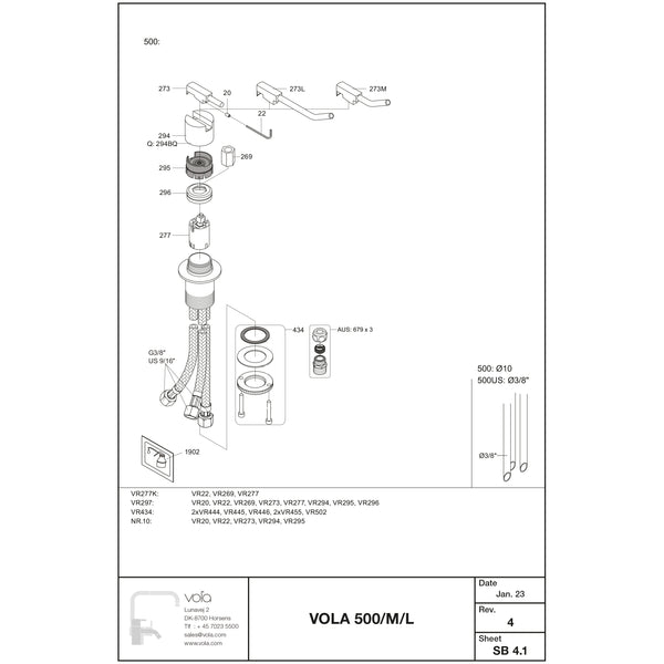 VOLA double swivel spout for table mounting H-210 S-200mm Ø19 mm 090