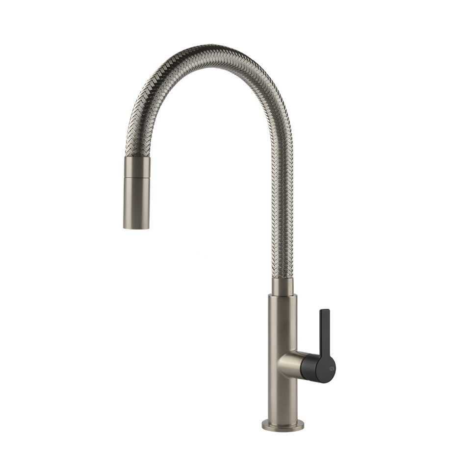 Gessi Mesh keukenmengkraan met gebogen uitloop en uittrekbare handdouche Mat Zwart / Finox