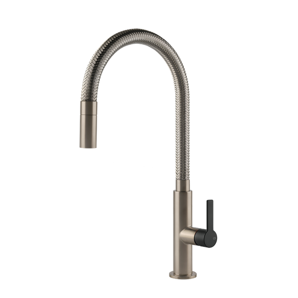 Gessi Mesh keukenmengkraan met gebogen uitloop en uittrekbare handdouche Mat Zwart / Finox