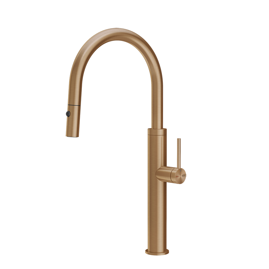 Gessi 316 keukenmengkraan met gebogen uitloop en uittrekbare 2-straals handdouche Warm Brons Geborsteld