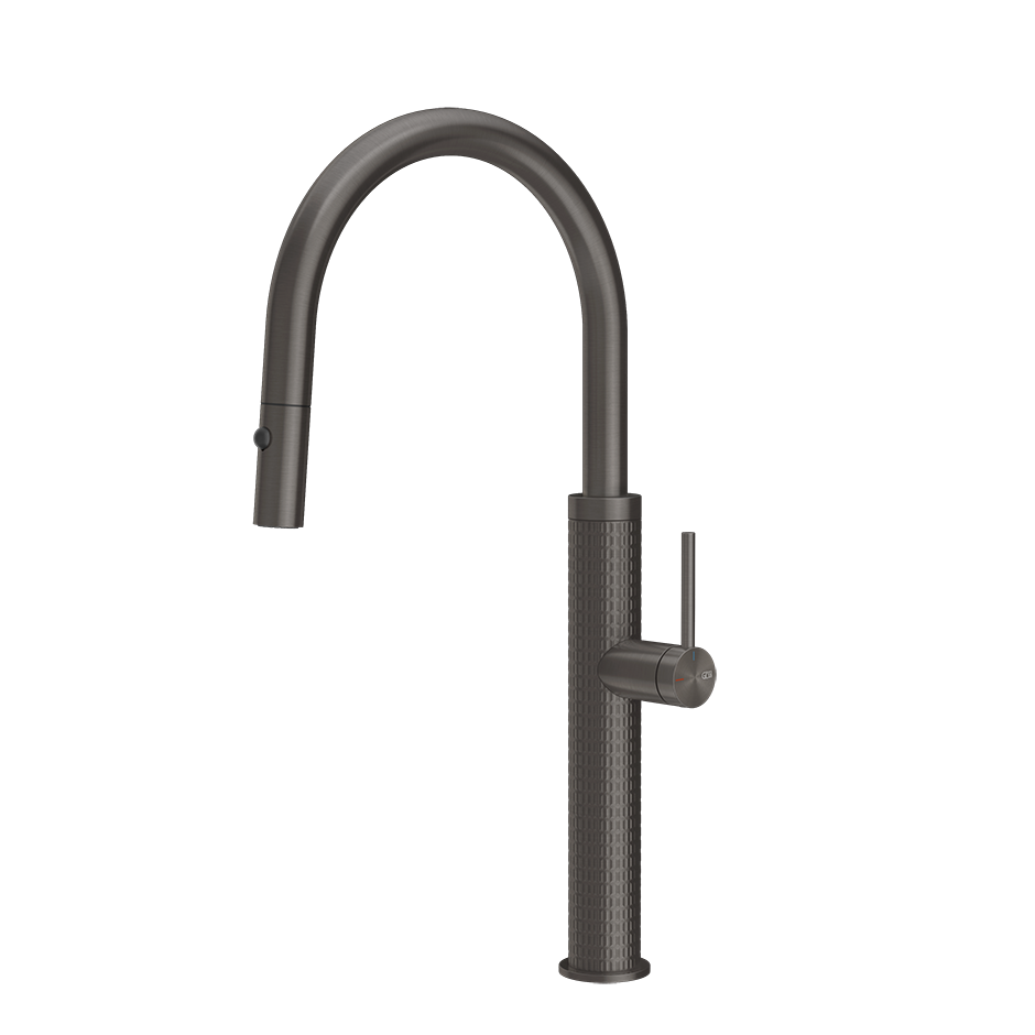 Gessi 316 Meccanica keukenmengkraan met gebogen uitloop en uittrekbare 2-straals handdouche Zwart Metaal Geborsteld