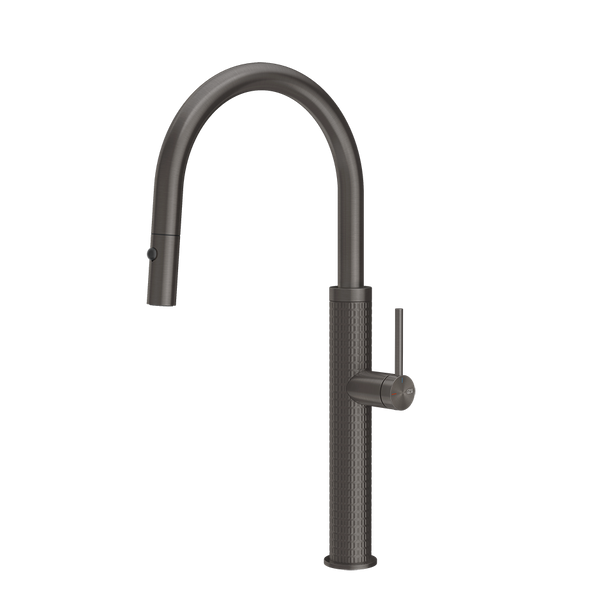 Gessi 316 Meccanica keukenmengkraan met gebogen uitloop en uittrekbare 2-straals handdouche Zwart Metaal Geborsteld
