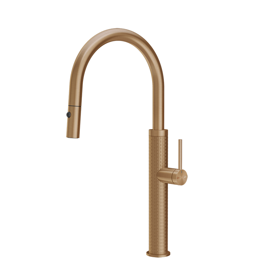 Gessi 316 Meccanica keukenmengkraan met gebogen uitloop en uittrekbare 2-straals handdouche Warm Brons Geborsteld