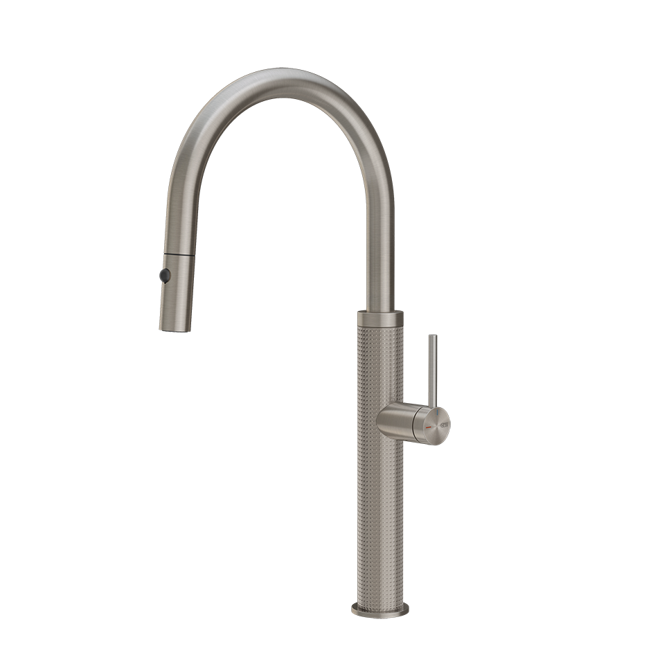 Gessi 316 Cesello keukenmengkraan met gebogen uitloop en uittrekbare 2-straals handdouche Staal Geborsteld