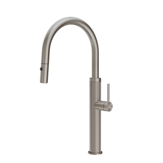 Gessi 316 Cesello keukenmengkraan met gebogen uitloop en uittrekbare 2-straals handdouche Staal Geborsteld