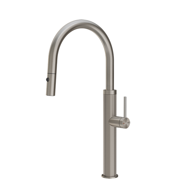 Gessi 316 Cesello keukenmengkraan met gebogen uitloop en uittrekbare 2-straals handdouche Staal Geborsteld