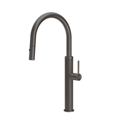 Gessi 316 Cesello keukenmengkraan met gebogen uitloop en uittrekbare 2-straals handdouche Zwart Metaal Geborsteld