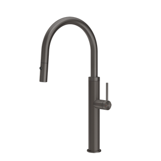 Gessi 316 Cesello keukenmengkraan met gebogen uitloop en uittrekbare 2-straals handdouche Zwart Metaal Geborsteld