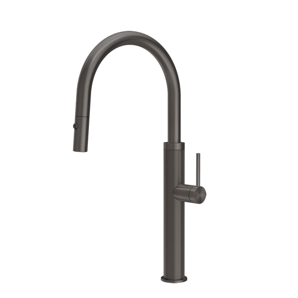 Gessi 316 Cesello keukenmengkraan met gebogen uitloop en uittrekbare 2-straals handdouche Zwart Metaal Geborsteld