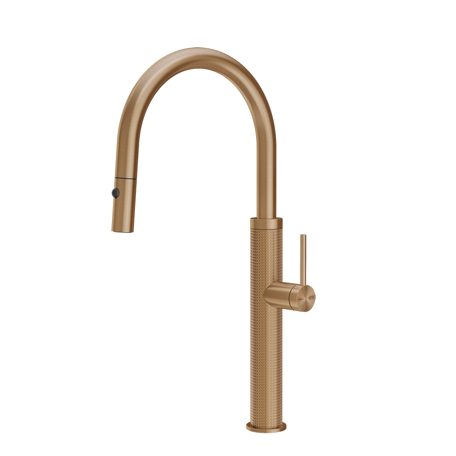Gessi 316 Cesello keukenmengkraan met gebogen uitloop en uittrekbare 2-straals handdouche Warm Brons Geborsteld