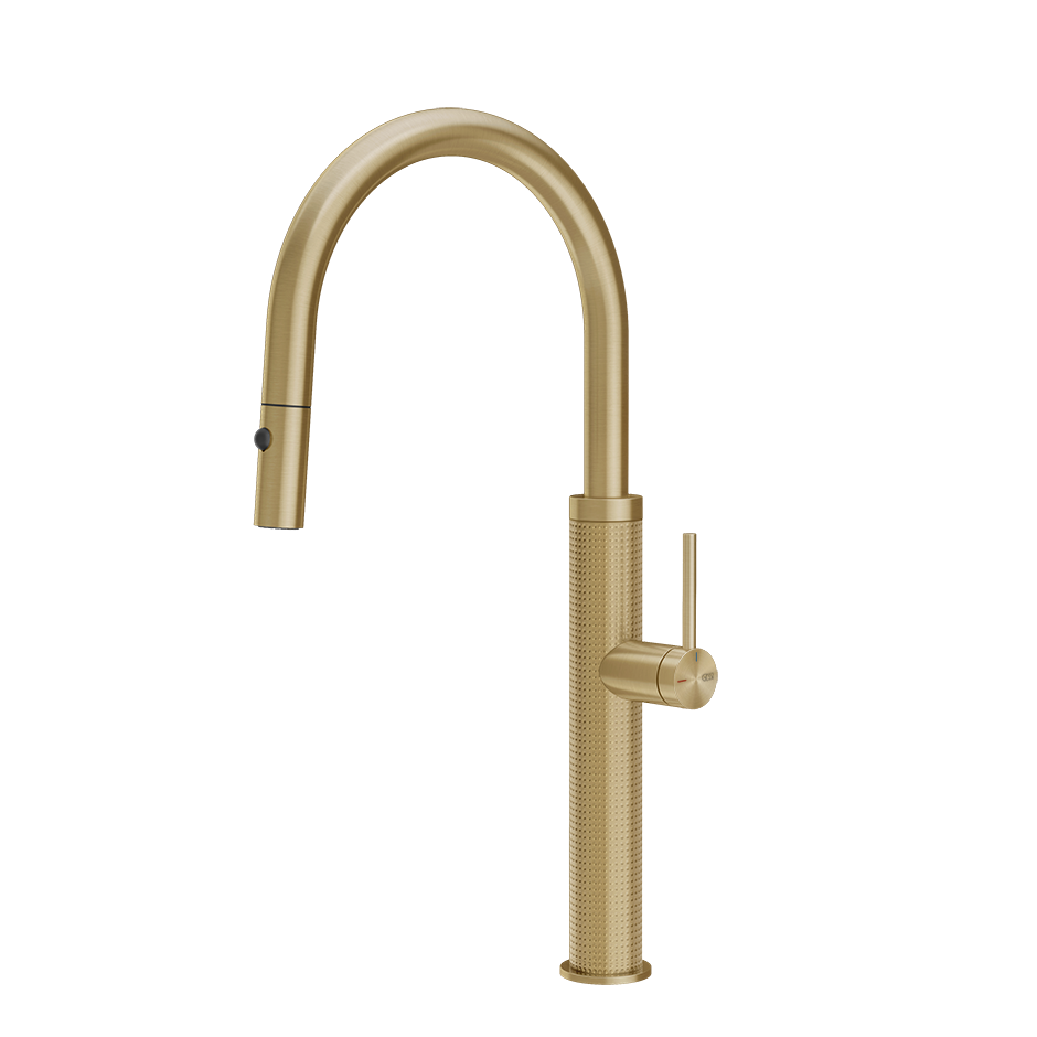 Gessi 316 Cesello keukenmengkraan met gebogen uitloop en uittrekbare 2-straals handdouche Messing Geborsteld