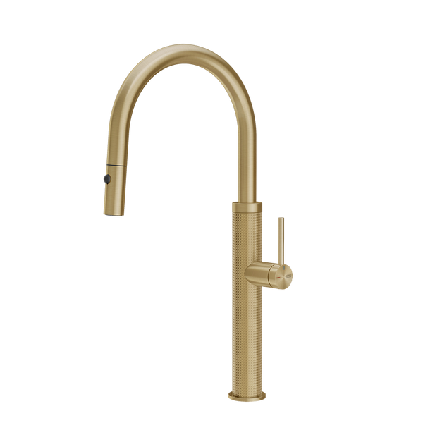 Gessi 316 Cesello keukenmengkraan met gebogen uitloop en uittrekbare 2-straals handdouche Messing Geborsteld