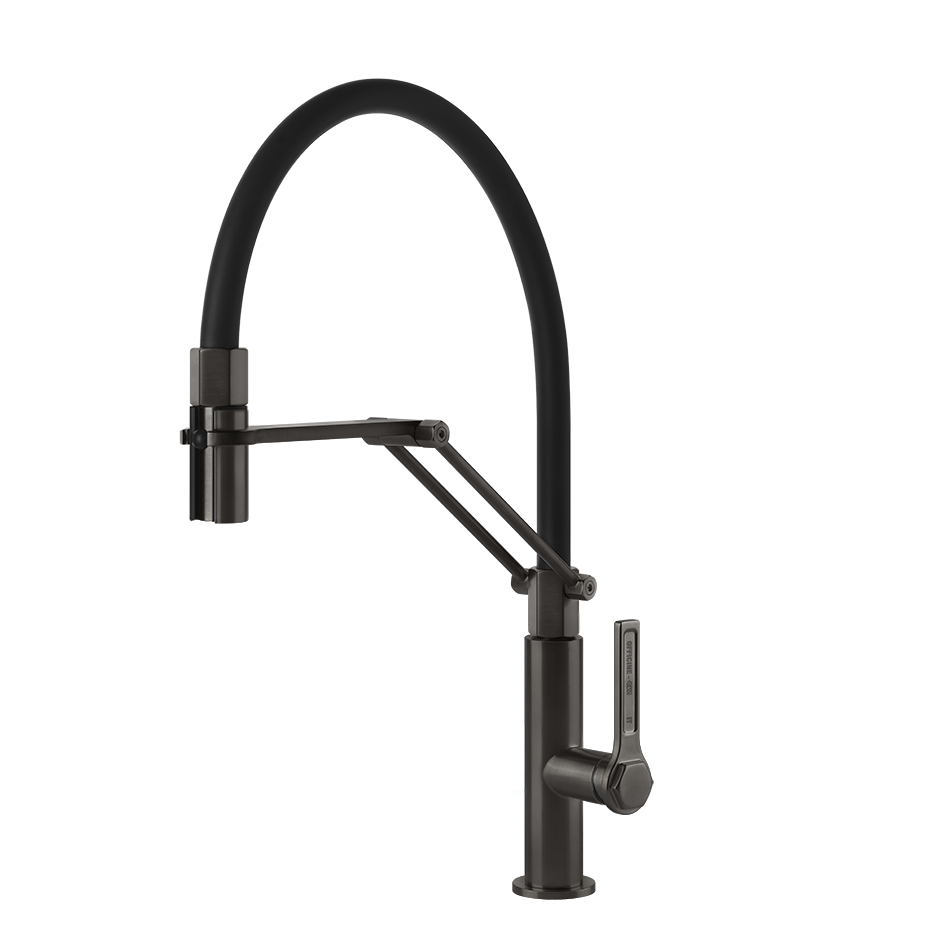 Gessi Officine Gessi semi-professionele keukenmengkraan met uittrekbare 2-straals handdouche Zwart Metaal Geborsteld
