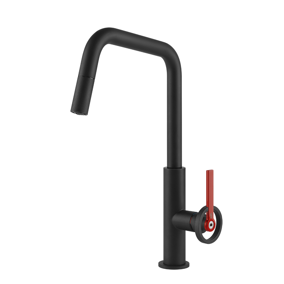 Gessi Officine V keukenmengkraan met U-uitloop en uittrekbare handdouche Mat Zwart