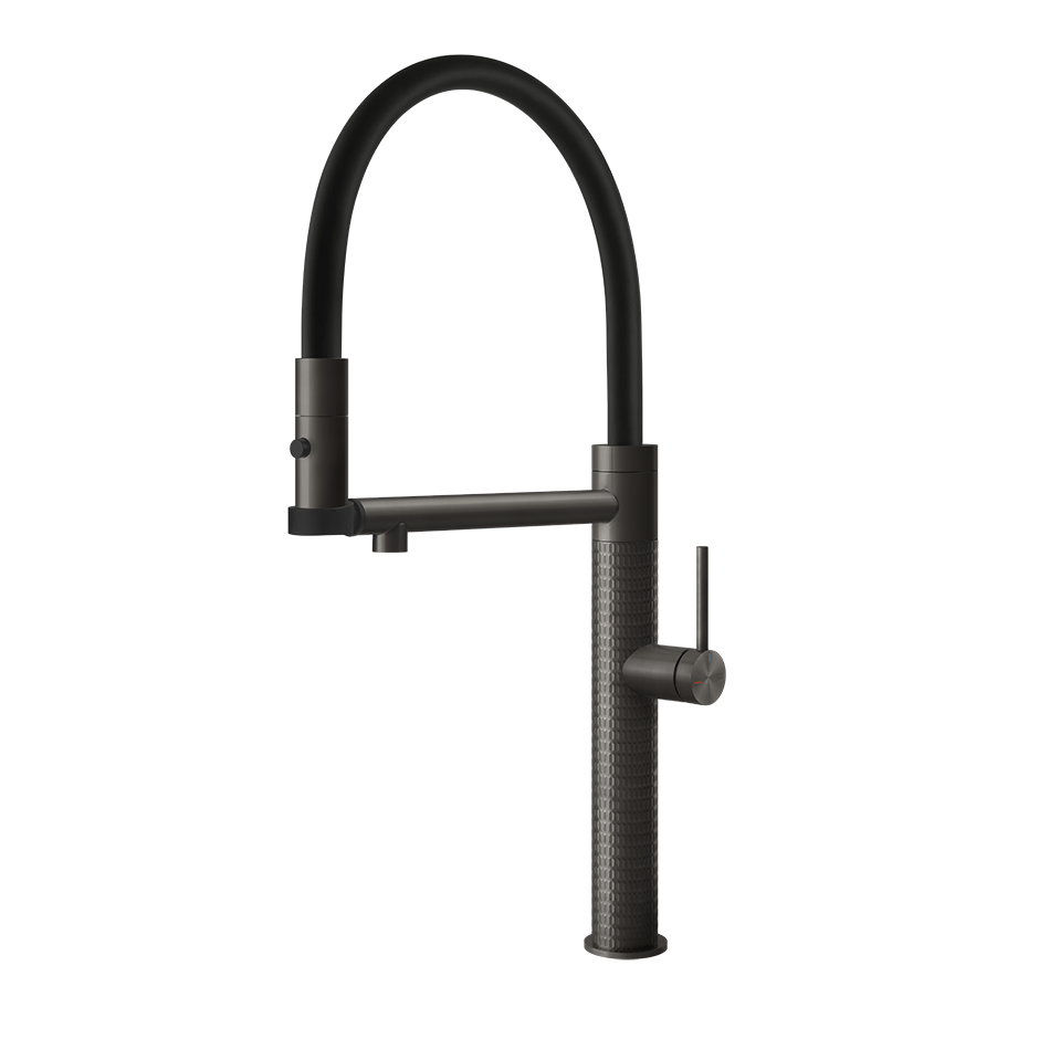 Gessi 316 Meccanica semi-professionele keukenmengkraan met uittrekbare 2-straals handdouche Zwart Metaal Geborsteld