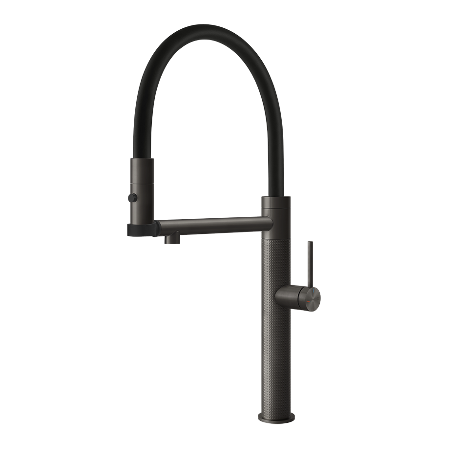 Gessi 316 Cesello semi-professionele keukenmengkraan met uittrekbare 2-straals handdouche Zwart Metaal Geborsteld