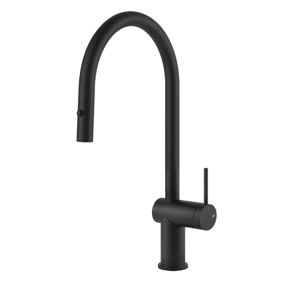 Gessi Inedito keukenmengkraan met gebogen uitloop en uittrekbare 2-straals handdouche Mat Zwart