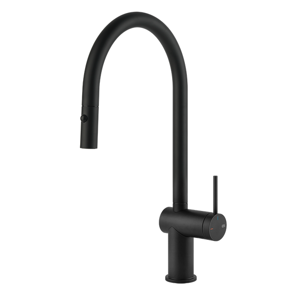 Gessi Inedito keukenmengkraan met gebogen uitloop en uittrekbare 2-straals handdouche Mat Zwart