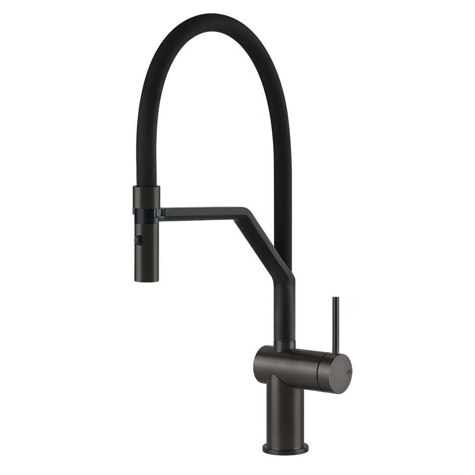 Gessi Inedito semi-professionele keukenmengkraan met uittrekbare 2-straals handdouche Zwart Metaal Geborsteld