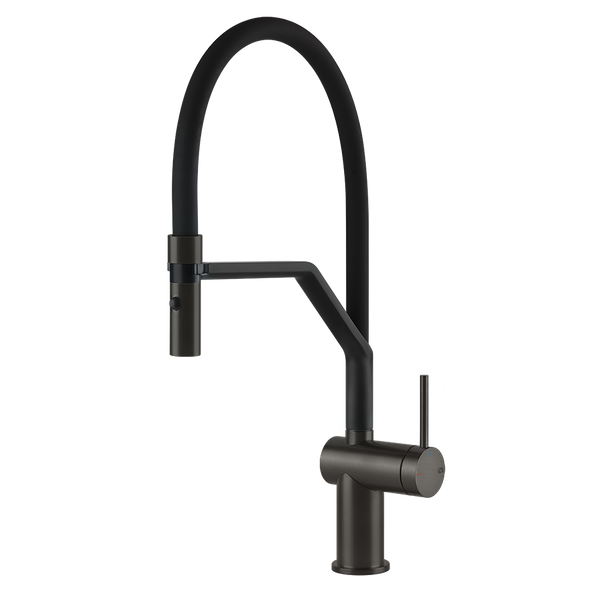 Gessi Inedito semi-professionele keukenmengkraan met uittrekbare 2-straals handdouche Zwart Metaal Geborsteld