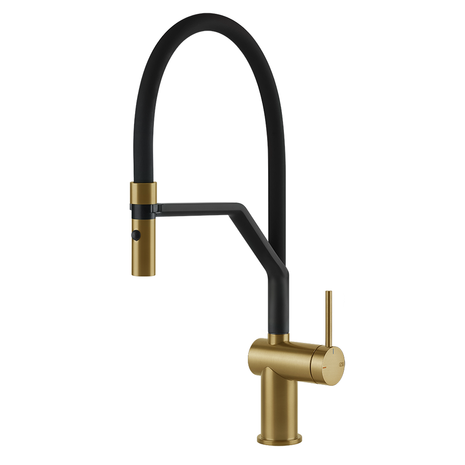 Gessi Inedito semi-professionele keukenmengkraan met uittrekbare 2-straals handdouche Geborsteld Goud
