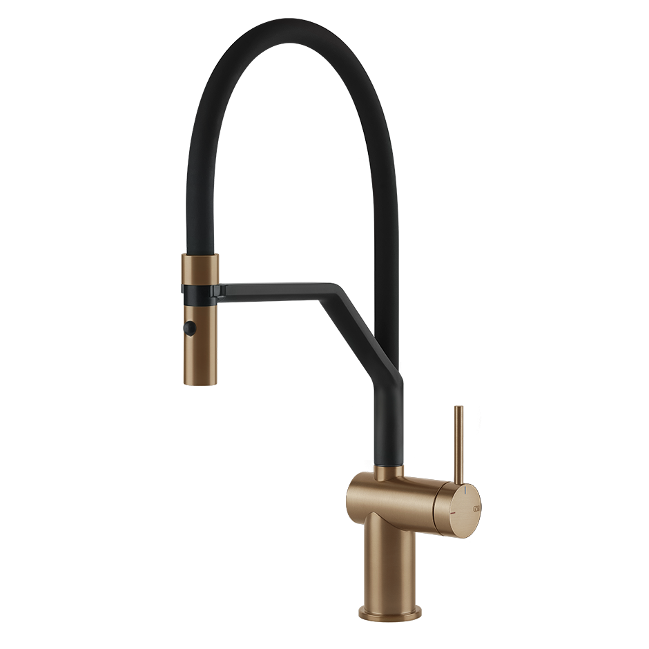 Gessi Inedito semi-professionele keukenmengkraan met uittrekbare 2-straals handdouche Warm Brons Geborsteld
