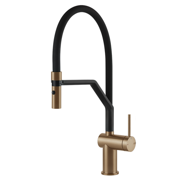 Gessi Inedito semi-professionele keukenmengkraan met uittrekbare 2-straals handdouche Warm Brons Geborsteld