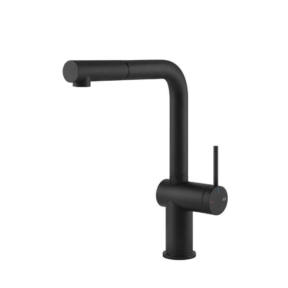 Gessi Inedito keukenmengkraan met L-uitloop en uittrekbare handdouche Mat Zwart