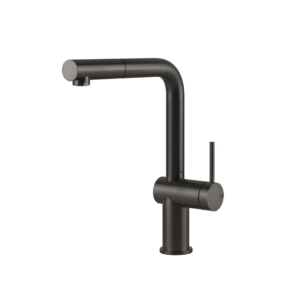 Gessi Inedito keukenmengkraan met L-uitloop en uittrekbare handdouche Zwart Metaal Geborsteld