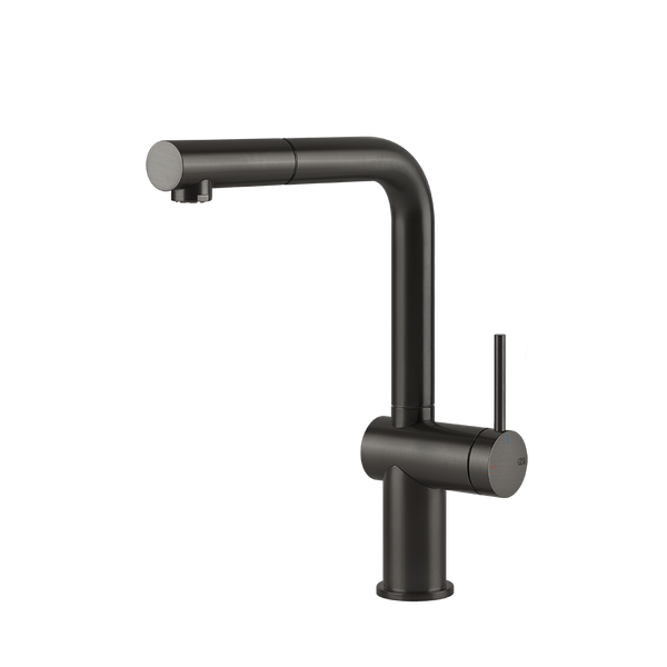 Gessi Inedito keukenmengkraan met L-uitloop en uittrekbare handdouche Zwart Metaal Geborsteld