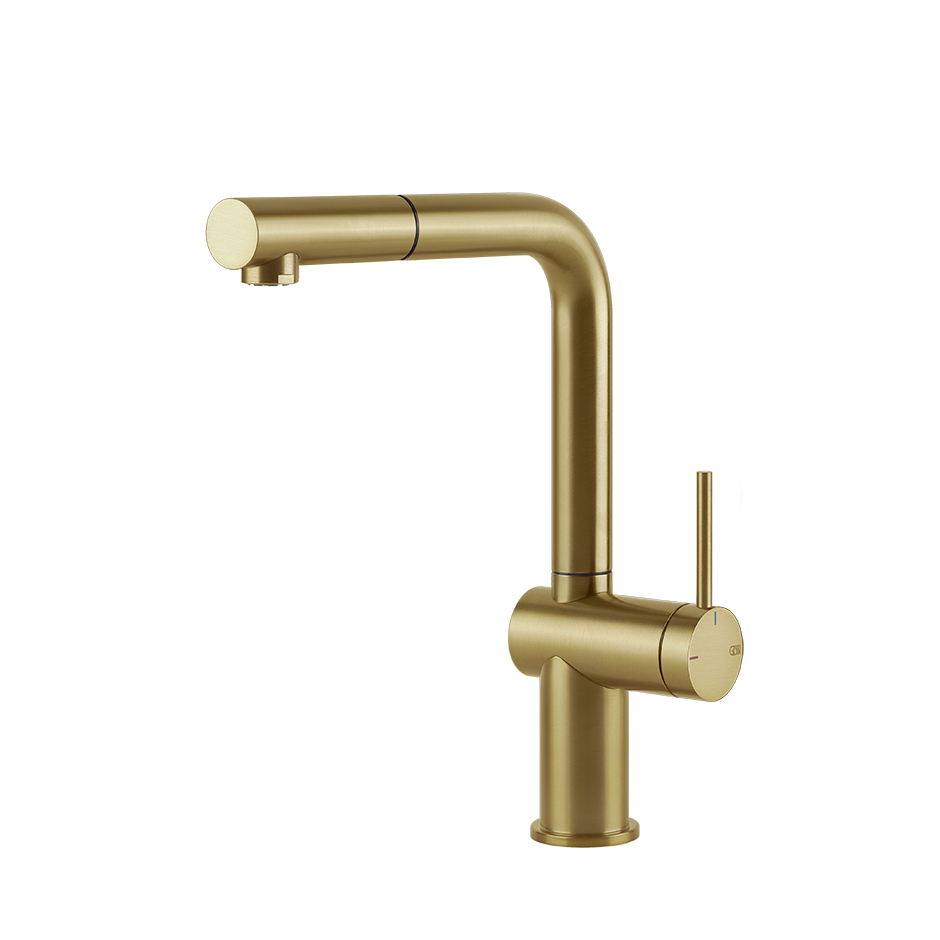 Gessi Inedito keukenmengkraan met L-uitloop en uittrekbare handdouche Geborsteld Goud