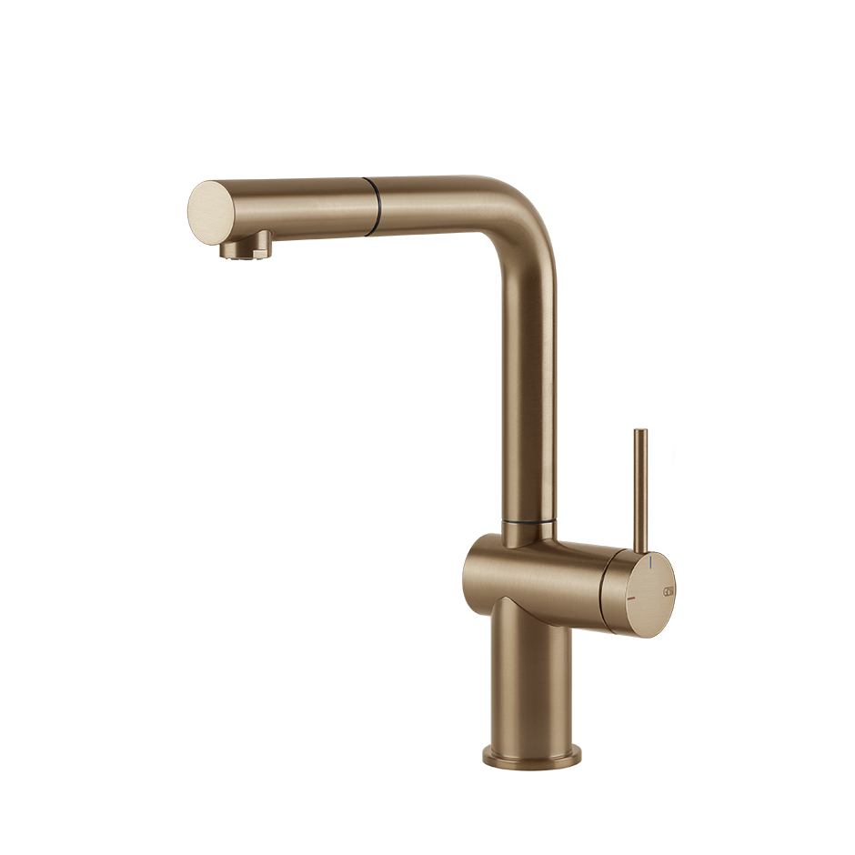 Gessi Inedito keukenmengkraan met L-uitloop en uittrekbare handdouche Warm Brons Geborsteld