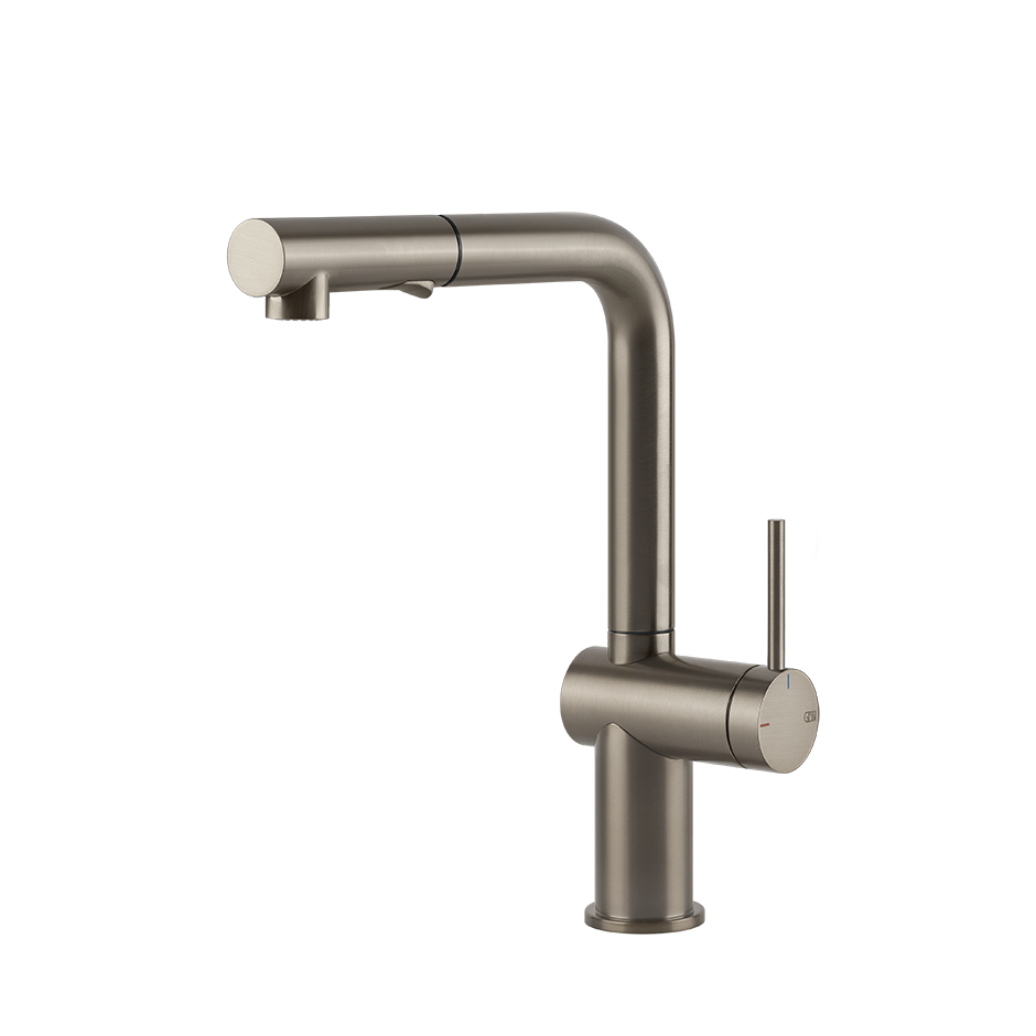 Gessi Inedito keukenmengkraan met L-uitloop en uittrekbare 2-straals handdouche (293 mm hoog) Finox