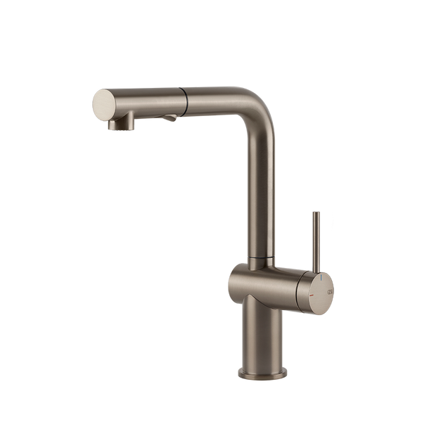 Gessi Inedito keukenmengkraan met L-uitloop en uittrekbare 2-straals handdouche (293 mm hoog) Finox