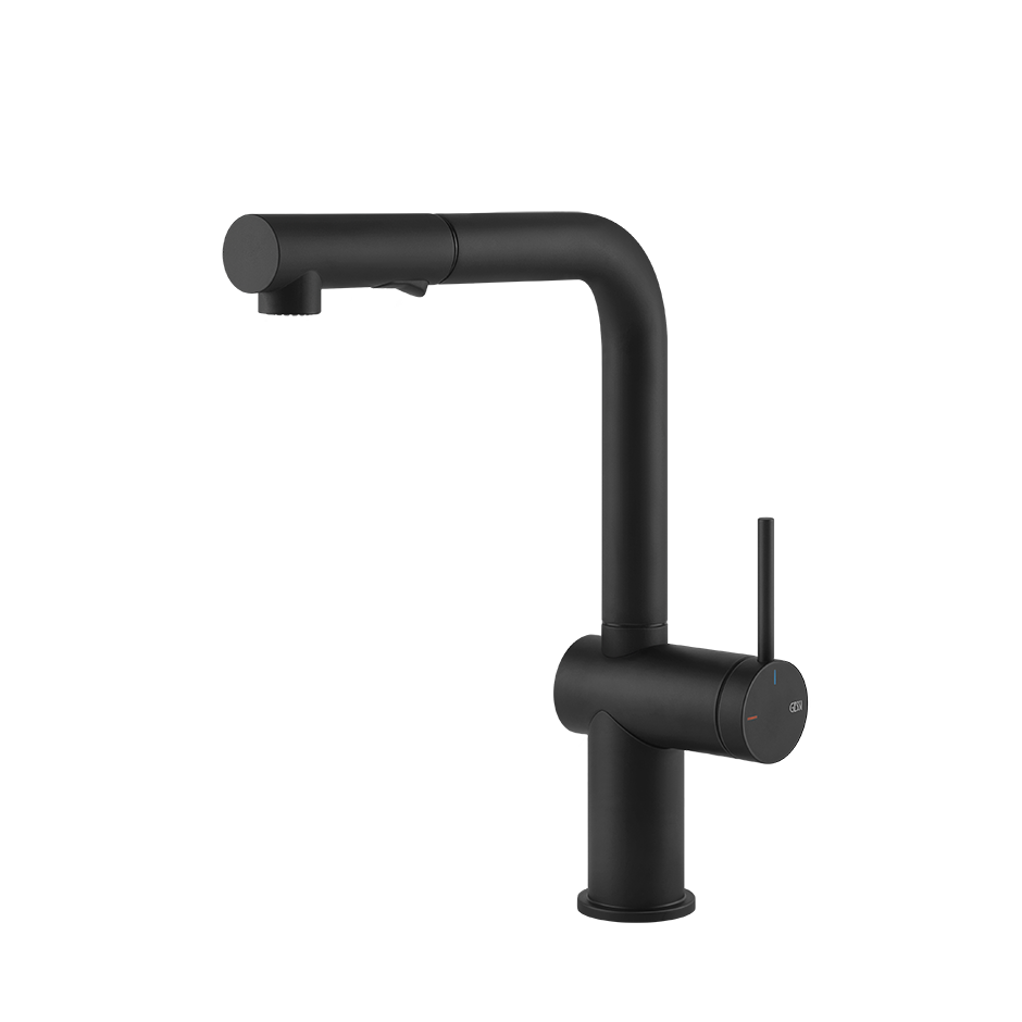 Gessi Inedito keukenmengkraan met L-uitloop en uittrekbare 2-straals handdouche (293 mm hoog) Mat Zwart