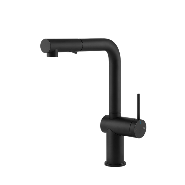 Gessi Inedito keukenmengkraan met L-uitloop en uittrekbare 2-straals handdouche (293 mm hoog) Mat Zwart