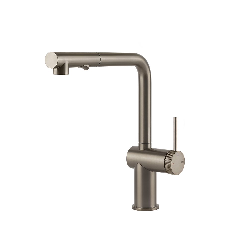 Gessi Inedito keukenmengkraan met L-uitloop en uittrekbare 2-straals handdouche (303 mm hoog) Finox
