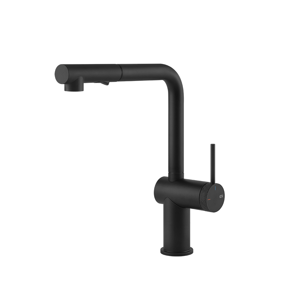 Gessi Inedito keukenmengkraan met L-uitloop en uittrekbare 2-straals handdouche (303 mm hoog) Mat Zwart